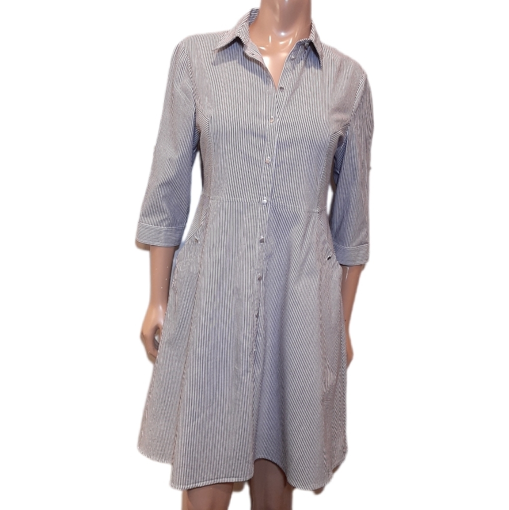 REITMANS Striped Buttoned Shirt Dress Fit & Flare Roll Tab Cropped Sleeve